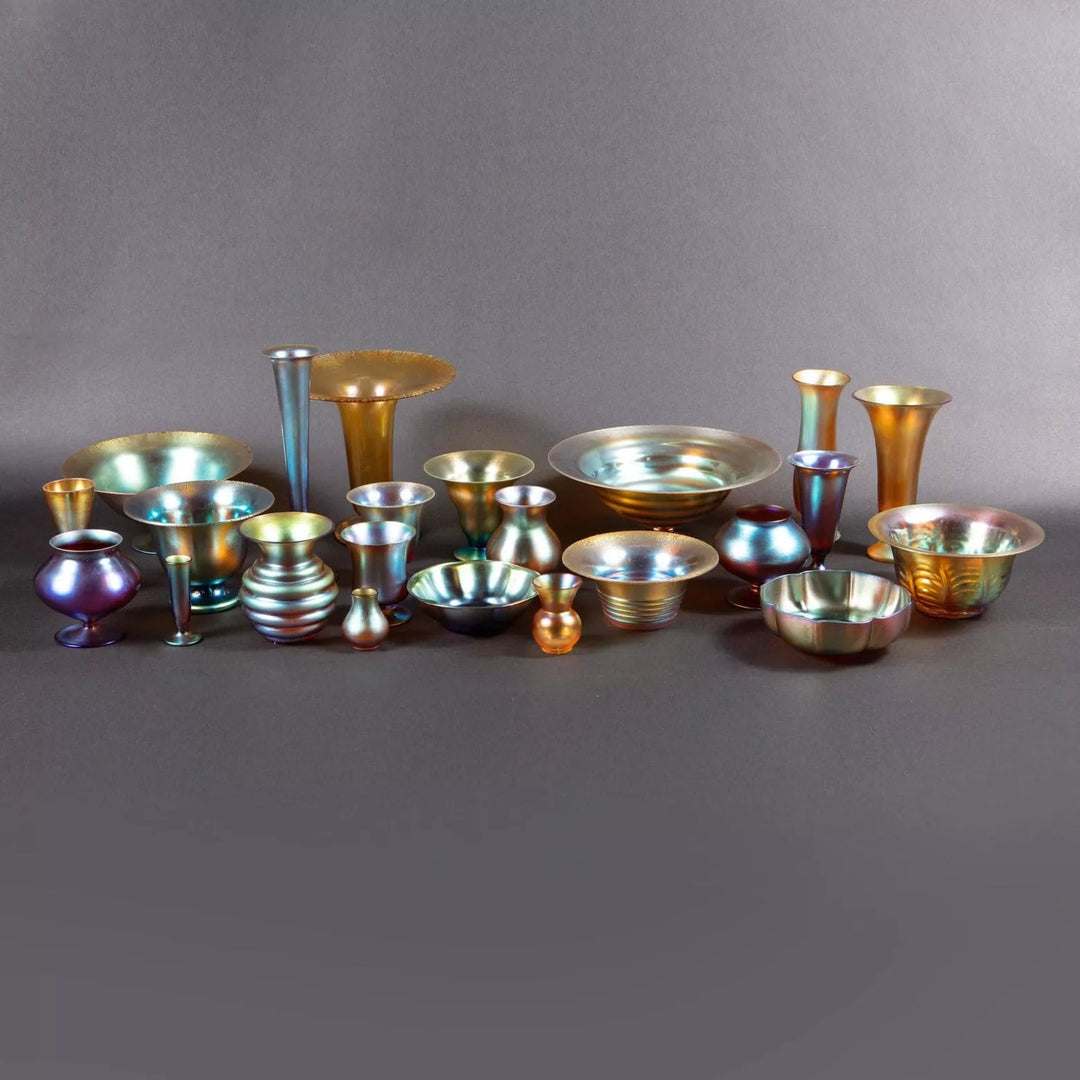 Collection TH20 featuring 23 iridescent Art Deco WMF Myra glass bowls and vases with elegant fluid silhouettes