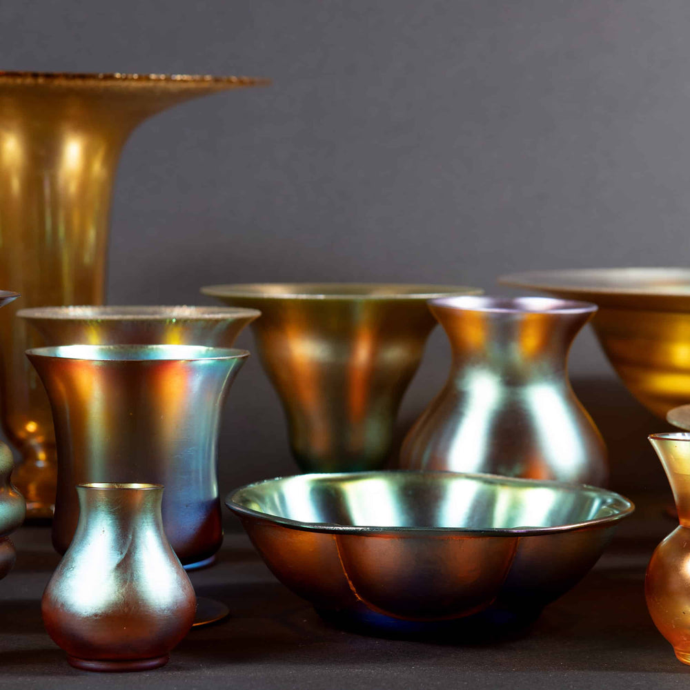 23 Art Deco WMF Myra iridescent glass bowls and vases by Collection TH20 with elegant vintage design details