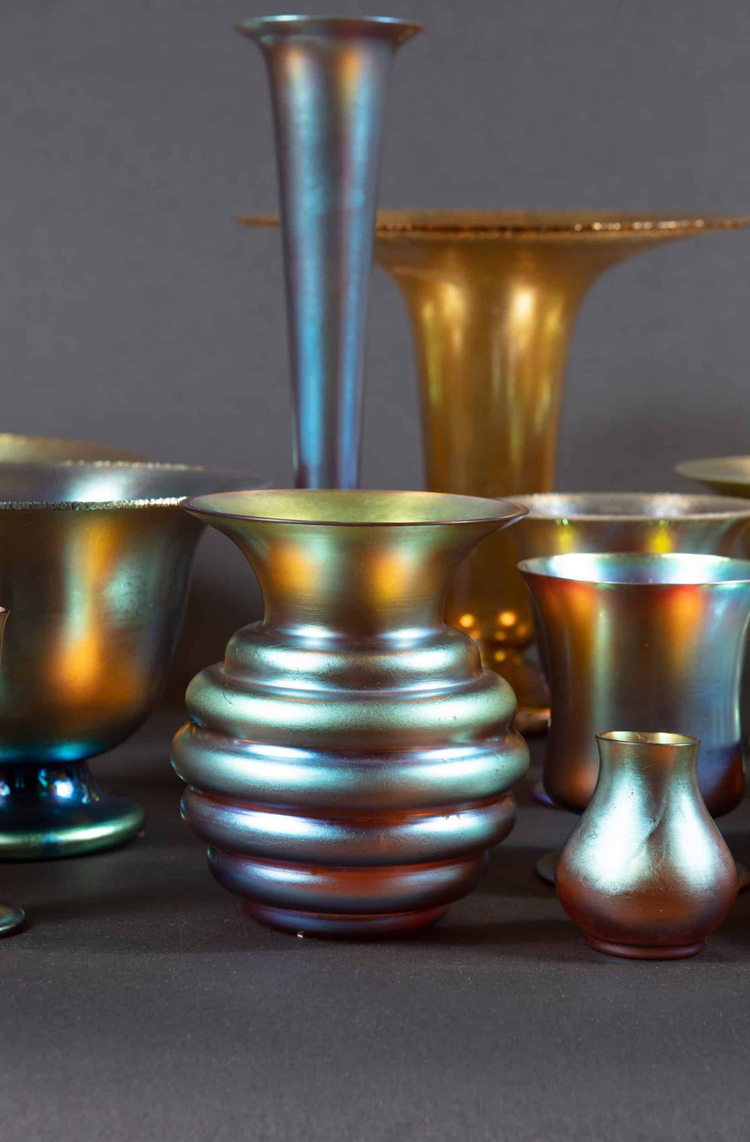 Collection TH20 Art Deco WMF Myra iridescent glass bowls and vases with rich shimmering patina and elegant shapes