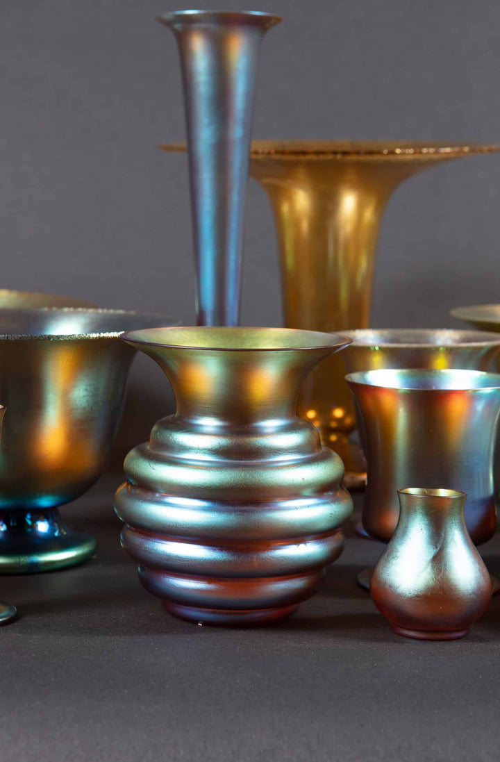 Collection TH20 Art Deco WMF Myra iridescent glass bowls and vases with rich shimmering patina and elegant shapes