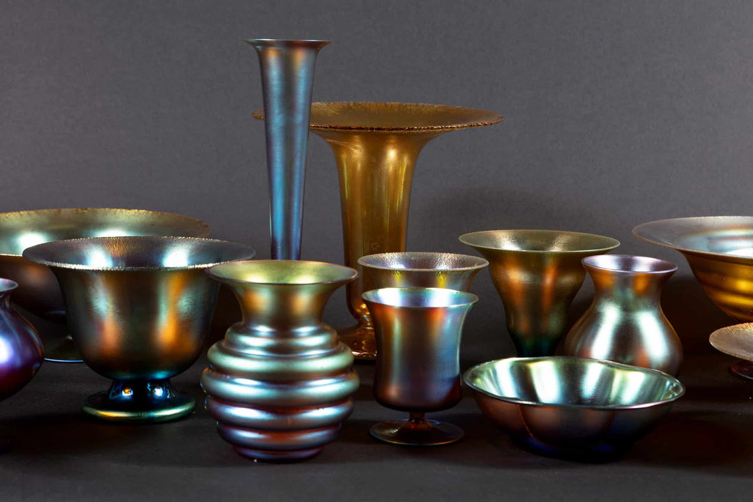 23 iridescent Art Deco glass bowls and vases by WMF Myra displayed by Collection TH20 with rich luminous colors