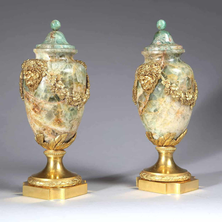 Pair of rare Louis XVI Weardale Fluorspar and ormolu covered urns by Nwtiques circa 1790 France