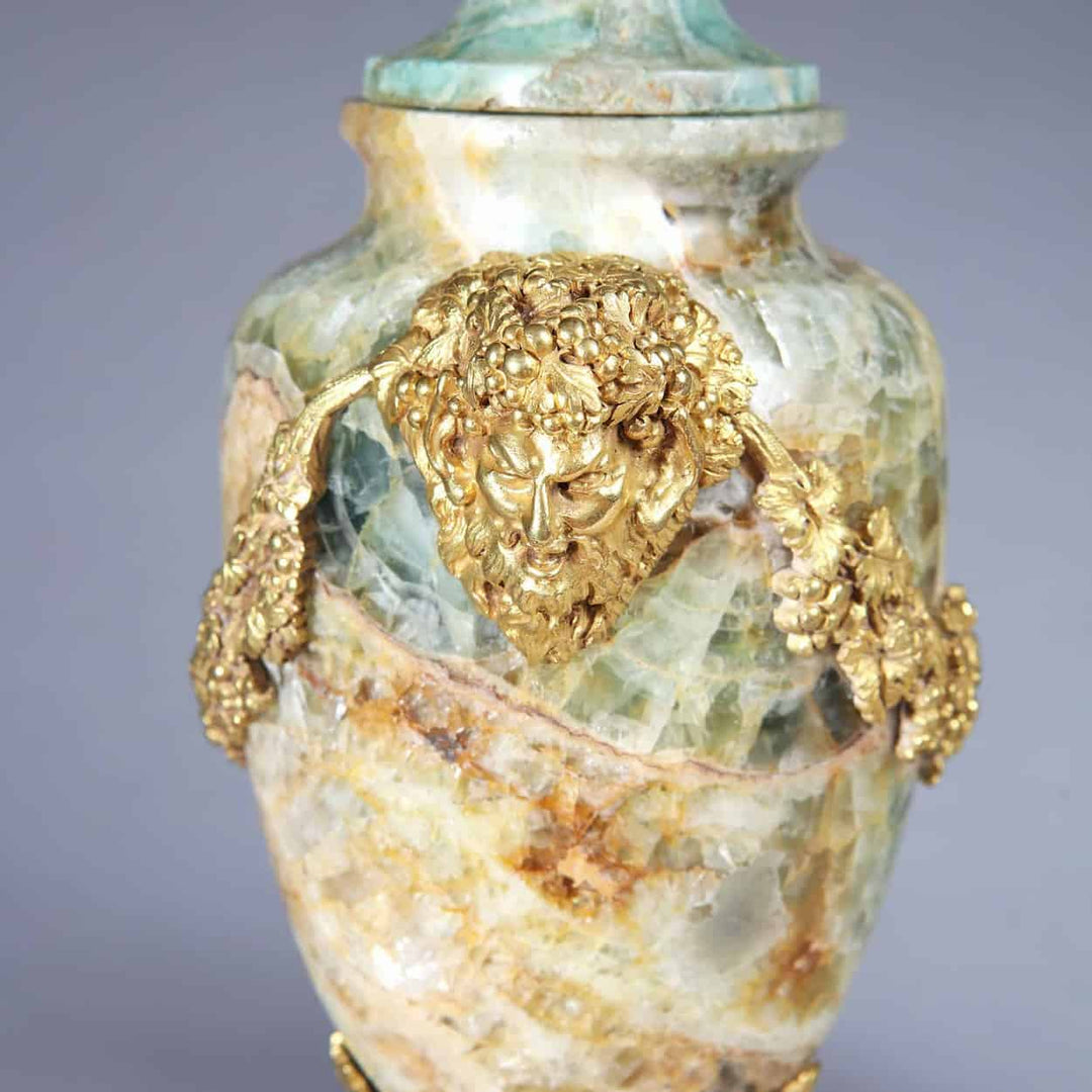 Rare Louis XVI Weardale Fluorspar urn with gilt bronze bacchic mask mount by Nwtiques