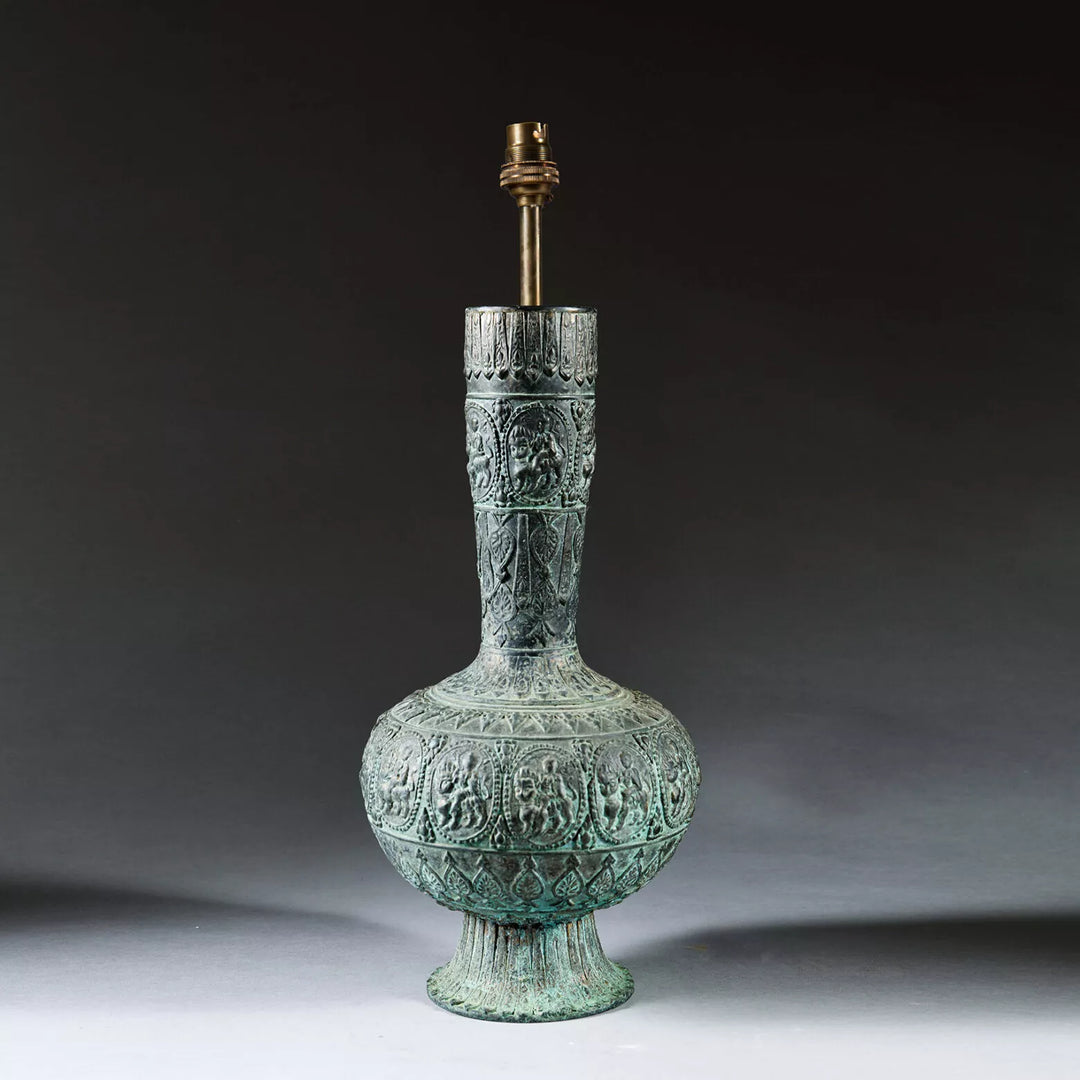 Indian Bronze Vase as a Table Lamp with intricate deity reliefs, 19th century antique from India, 39 cm tall.