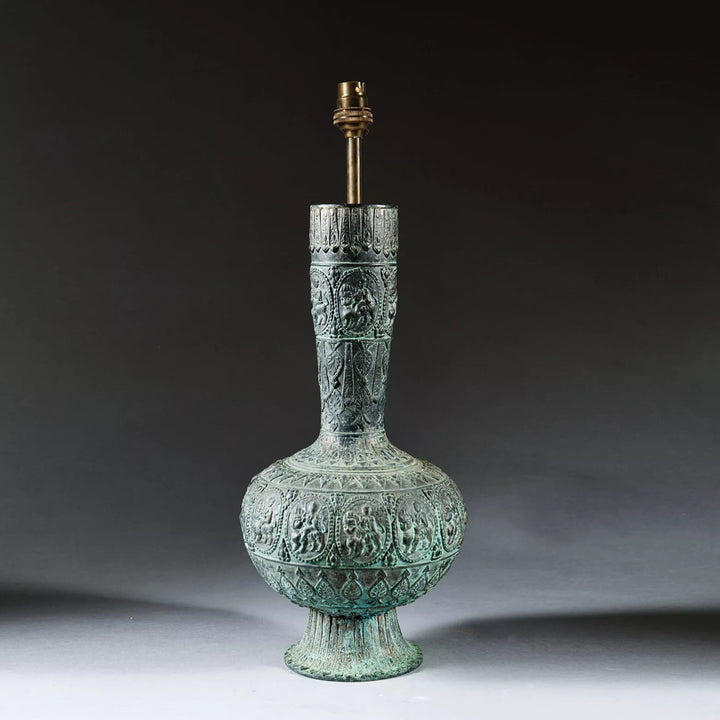 Indian Bronze Vase as a Table Lamp with intricate deity reliefs, 19th century antique from India, 39 cm tall.