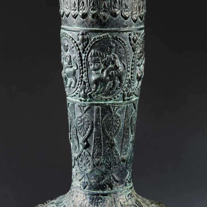 Indian Bronze Vase as a Table Lamp with 19th century high relief deity carvings and bulbous body on flared foot