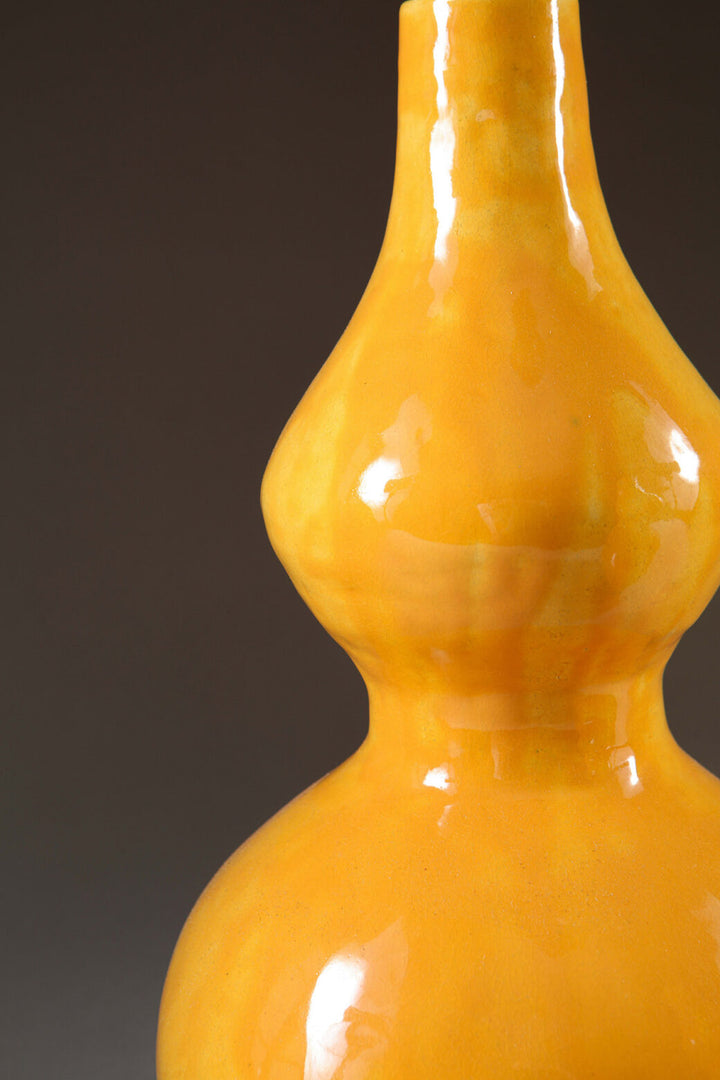 Pair of Yellow Double Gourd Vases as Lamps glazed in bright yellow with smooth glossy finish and unique double gourd shape.