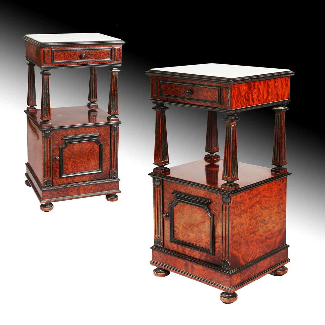 Pair of mid-19th century Continental burr thuya bedside cabinets with marble tops by Collection CK20.