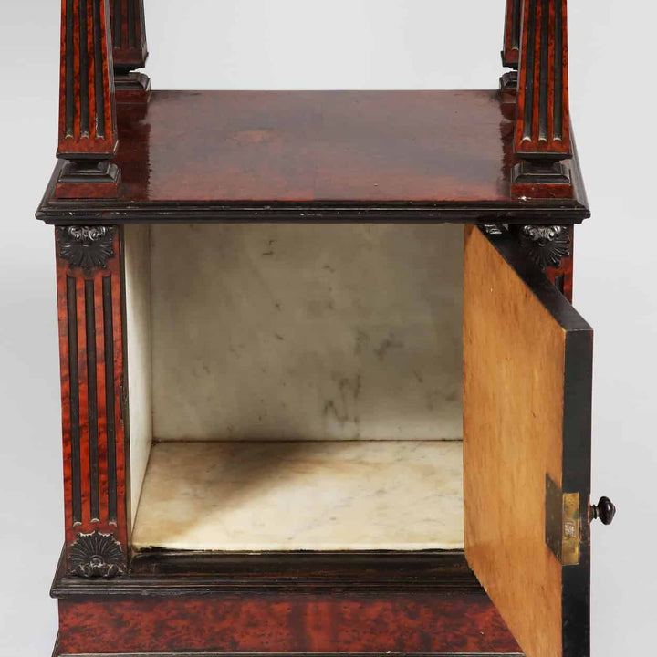 Continental burr thuya bedside cabinet with ebonised fluted columns and open marble-lined cupboard by Collection CK20
