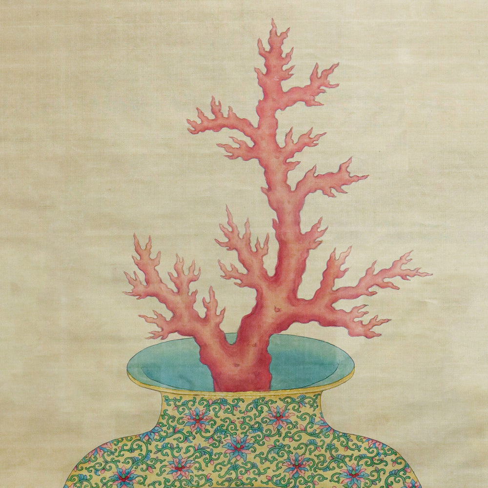 Chinese Republic Period Canton Enamel Vase Painting on Silk featuring red coral by Collection TH20