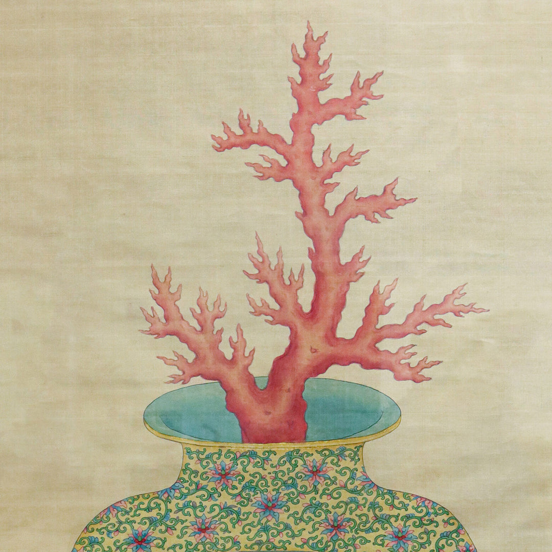 Chinese Republic Period Canton Enamel Vase Painting on Silk featuring red coral by Collection TH20