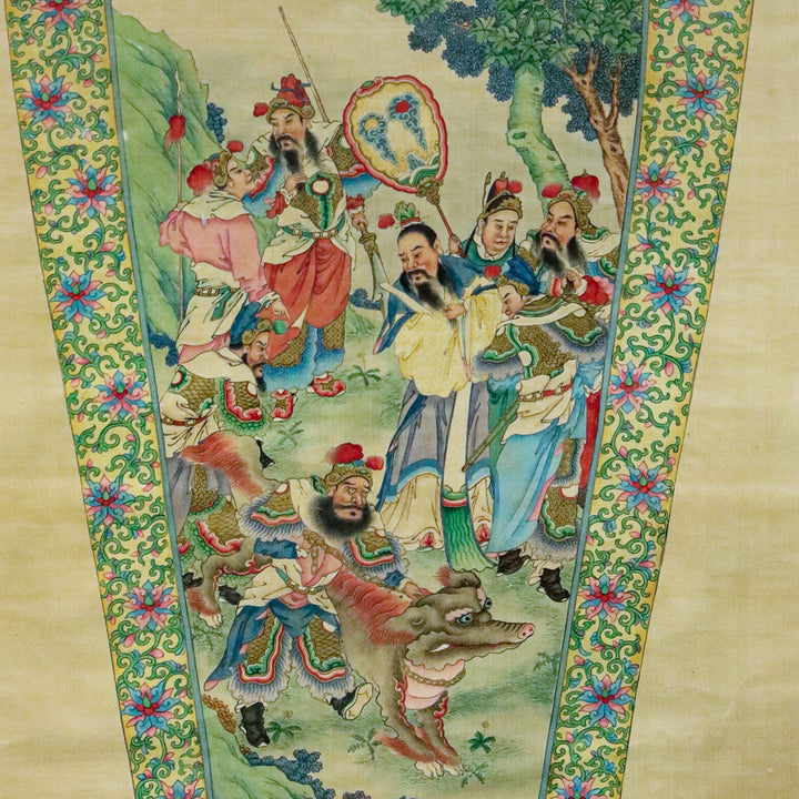 Chinese Republic Period painting on silk depicting warriors and mythical creatures with floral borders by Collection TH20