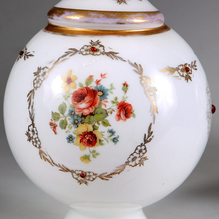 Pair of opaline glass vases and covers with floral design and gold accents by Collection TH10, 19th century style