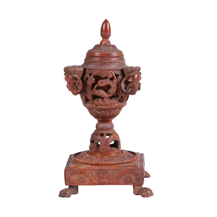 Carved coquilla nut ink stand with neoclassical design, detailed foliage and ram motifs by Collection TH20.