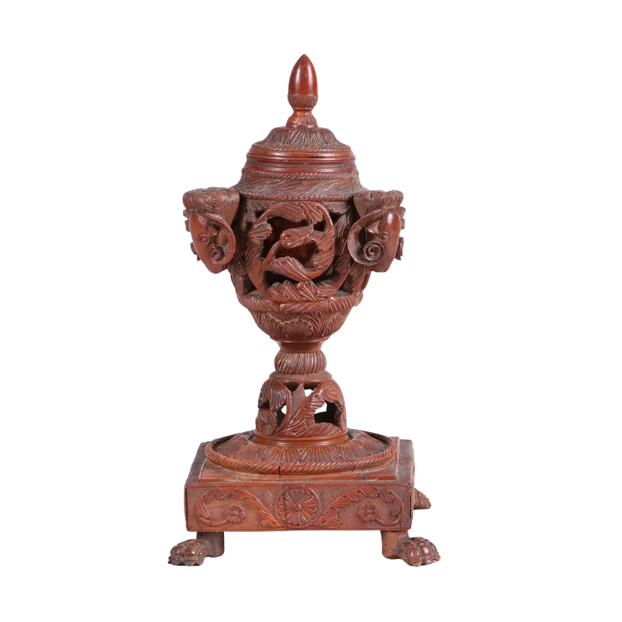 Carved coquilla nut ink stand with neoclassical design, detailed foliage and ram motifs by Collection TH20.