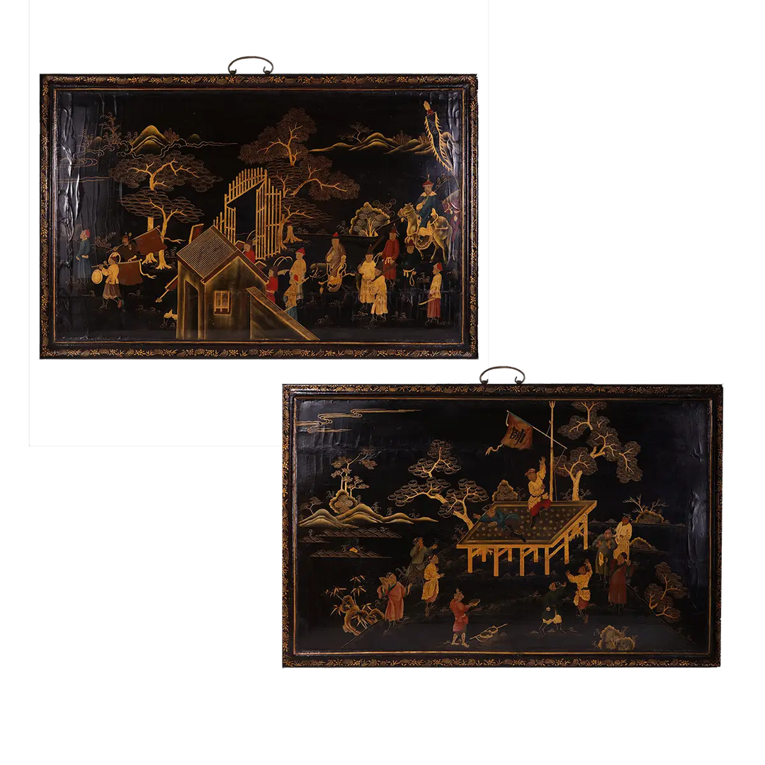 Pair of 18th-century Chinese Export lacquer panels in black and gold depicting lively scenes, Collection TH20.