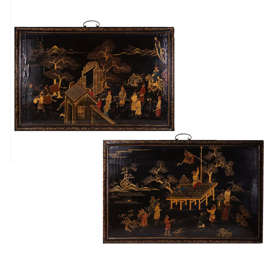 Pair of 18th-century Chinese Export lacquer panels in black and gold depicting lively scenes, Collection TH20.