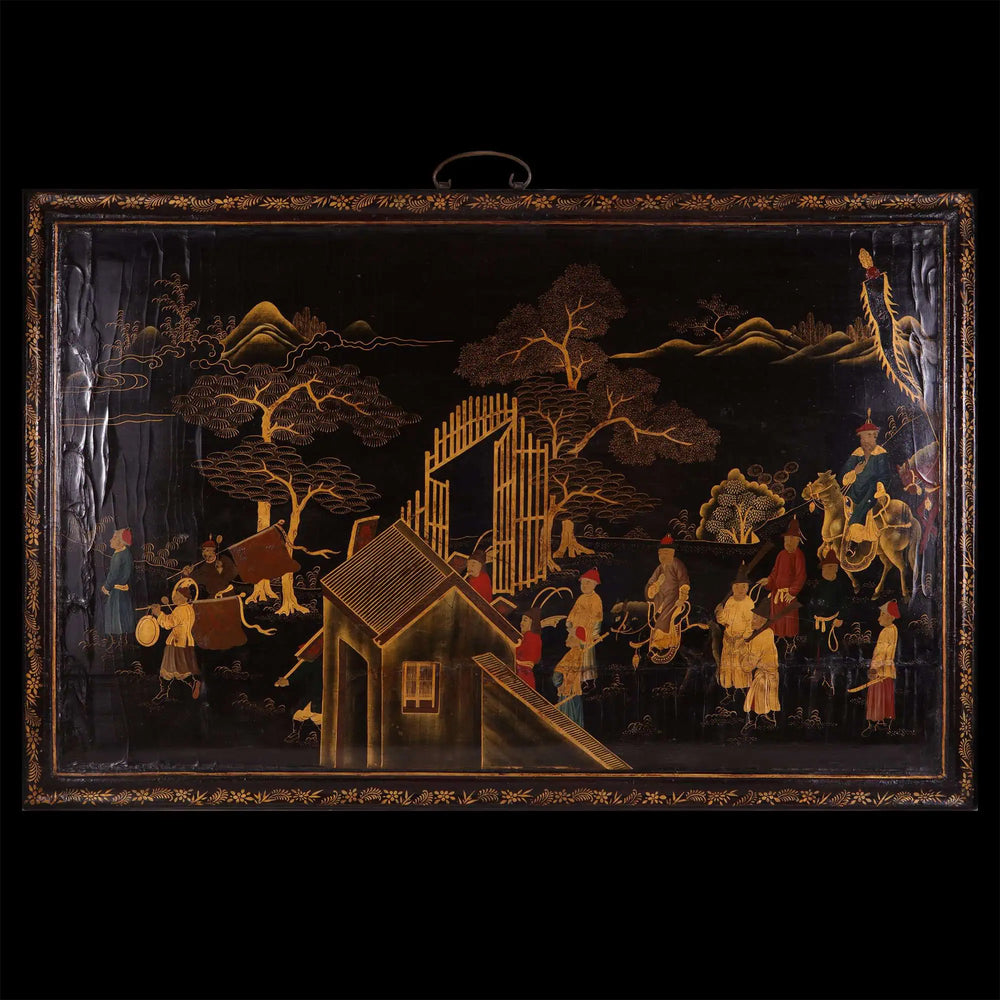 Chinese Export lacquer panel in black and gold depicting 18th-century scenes, Collection TH20, Qianlong period style.