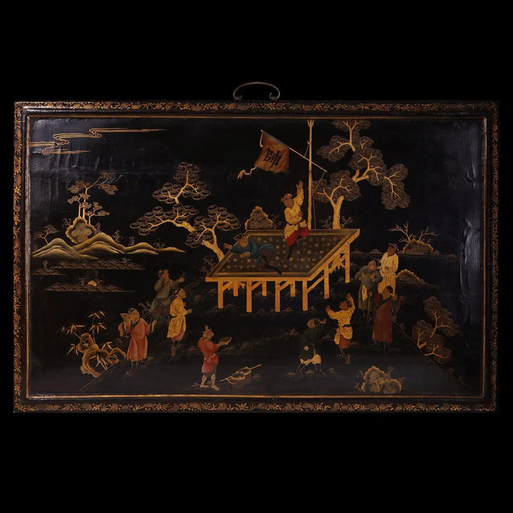 Pair of 18th-century Chinese Export lacquer panels with black and gold scenes by Collection TH20.