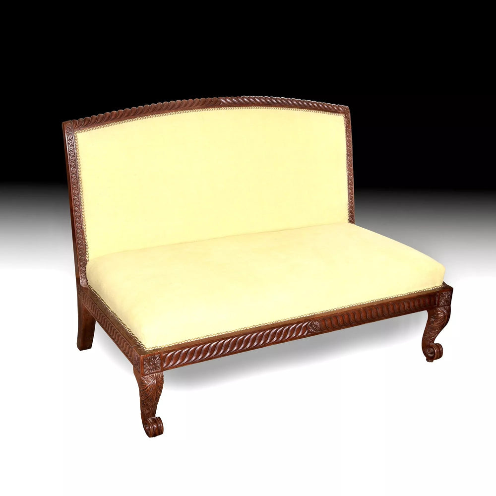 Anglo-Indian hardwood carved settee with cream upholstery from Collection TH20, featuring elegant detailed woodwork.