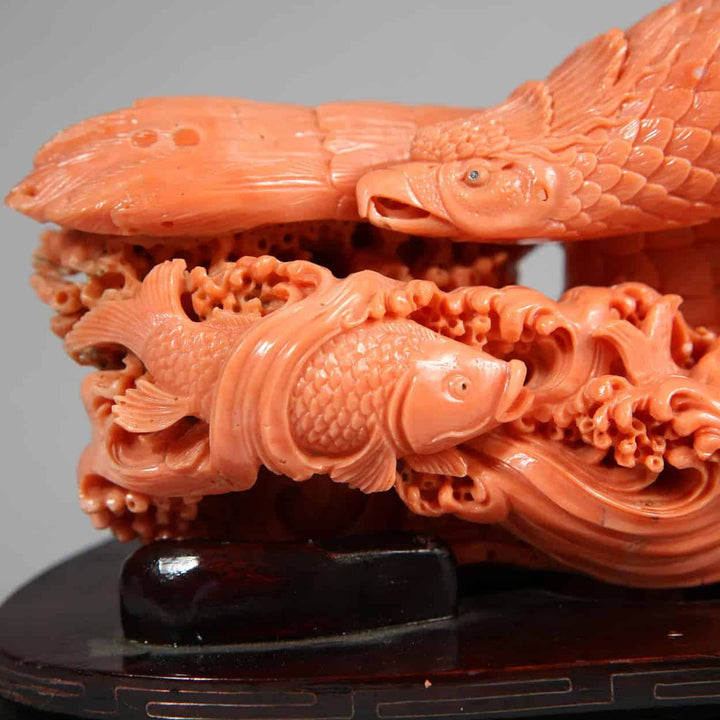 Japanese carved coral sculpture of a sea eagle and fish by Nwtiques circa 1900 detailed artistry