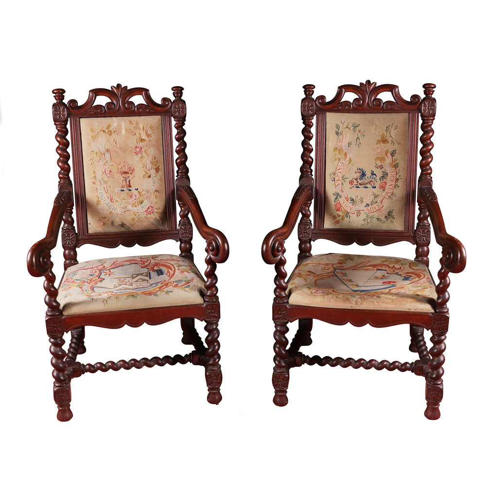 Pair of mid-19th century barley twist oak dining chairs with hand-embroidered seats by Collection NE10