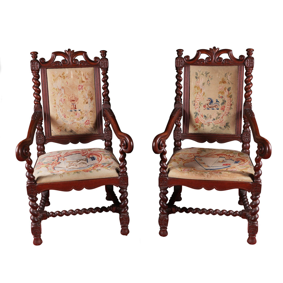 Pair of mid-19th century barley twist oak dining chairs with hand-embroidered seats by Collection NE10
