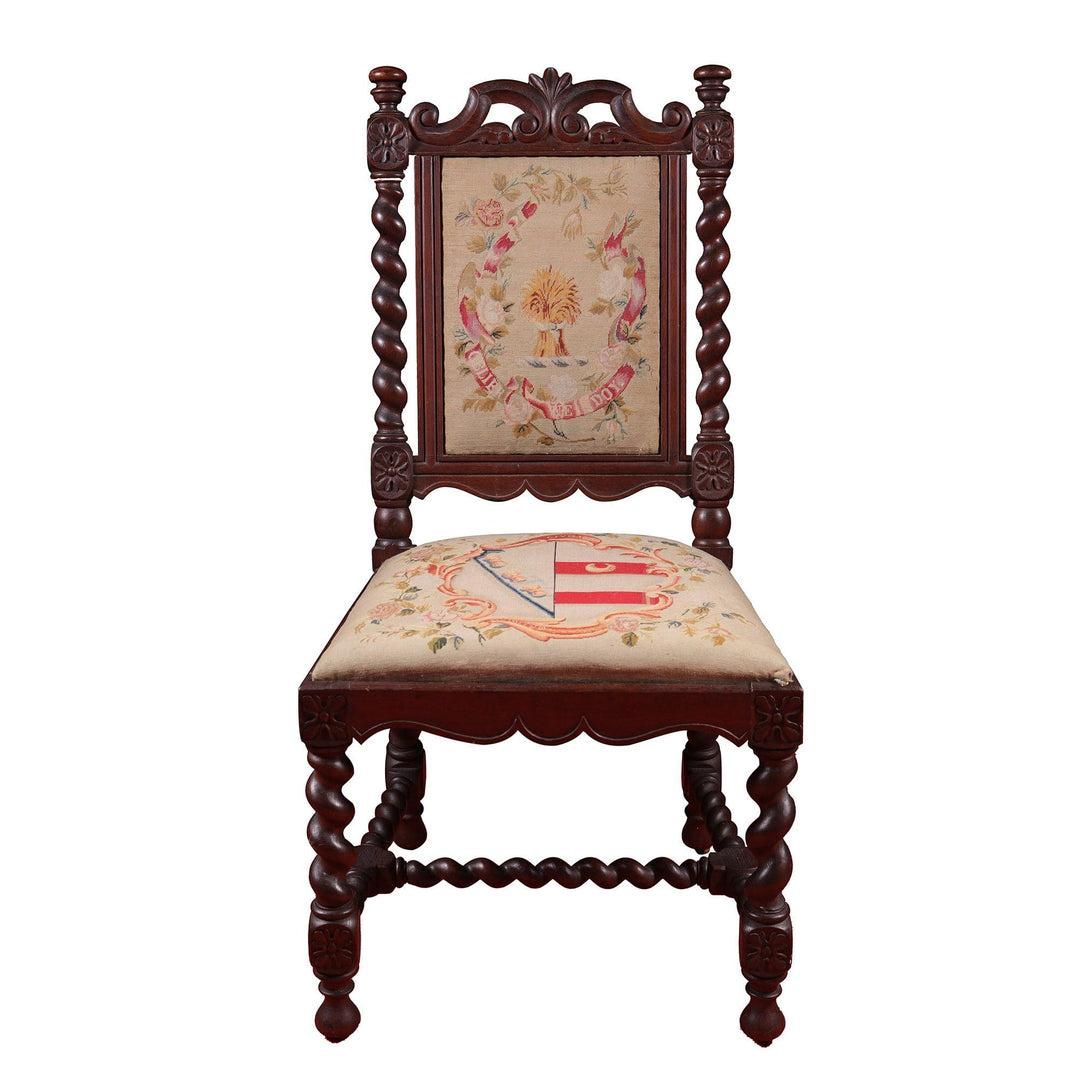 Mid-19th century Pitchford Hall Dining Chair with barley twist oak frame and original armorial needlework by Collection NE10