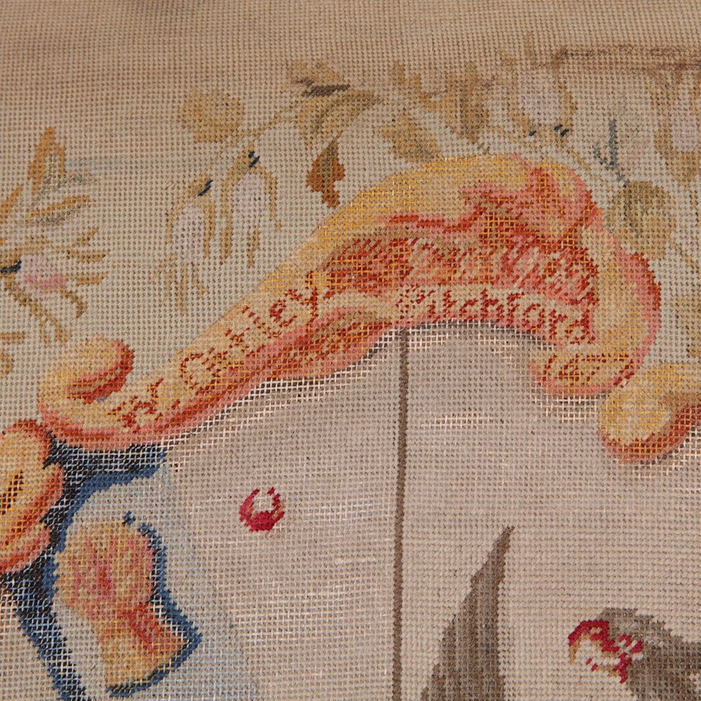 Close-up of hand-embroidered needlework from mid-19th century Pitchford Hall dining chair seat by Collection NE10