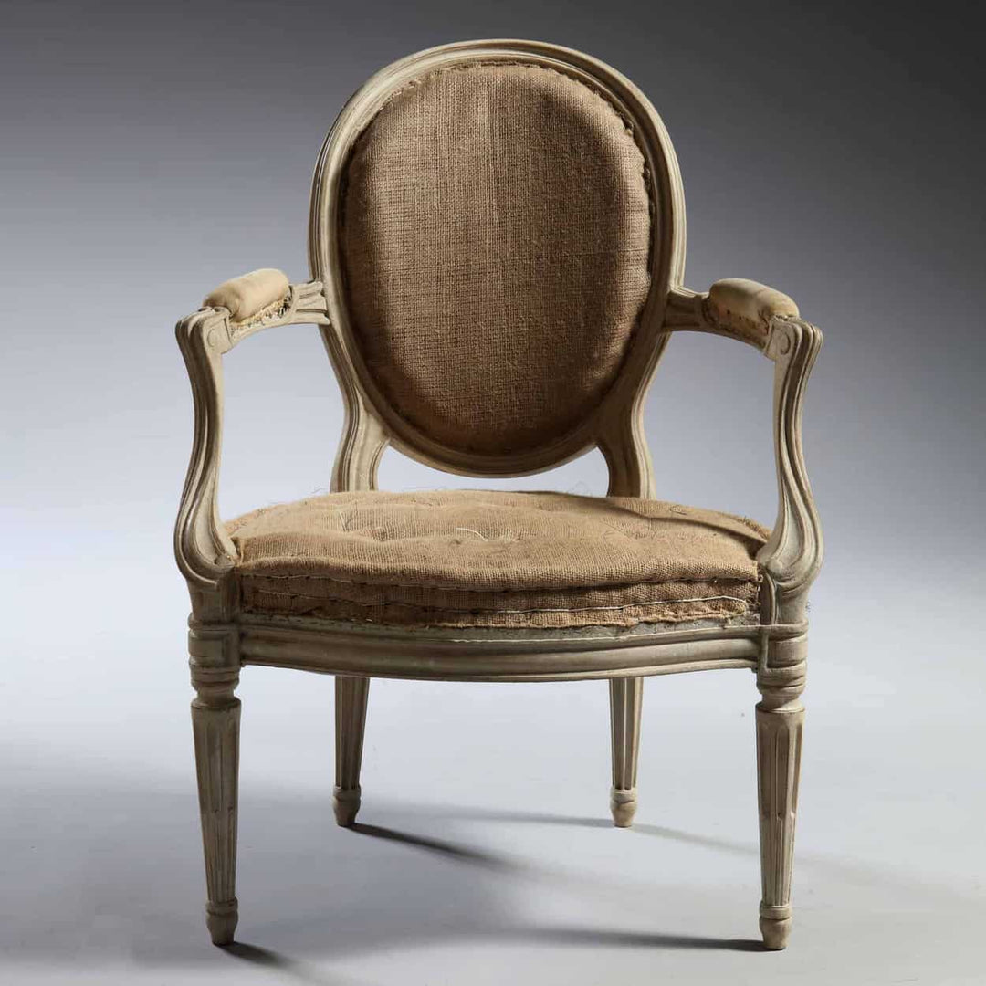 Transitional Louis XV style fauteuil armchair with oval back and classical fluted legs by Nwtiques