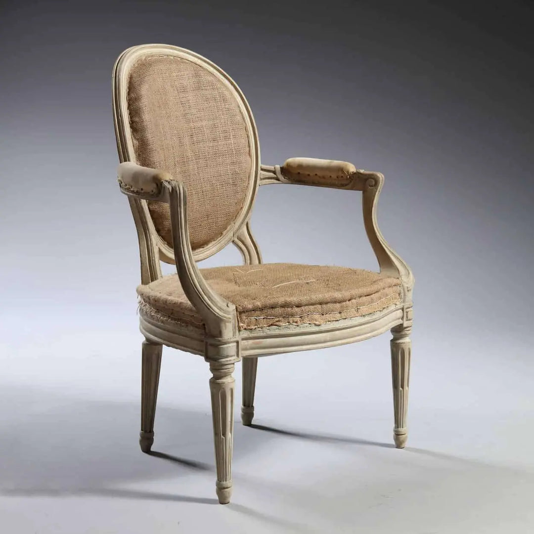 Transitional Louis XV style fauteuil armchair with oval back and fluted legs by Nwtiques