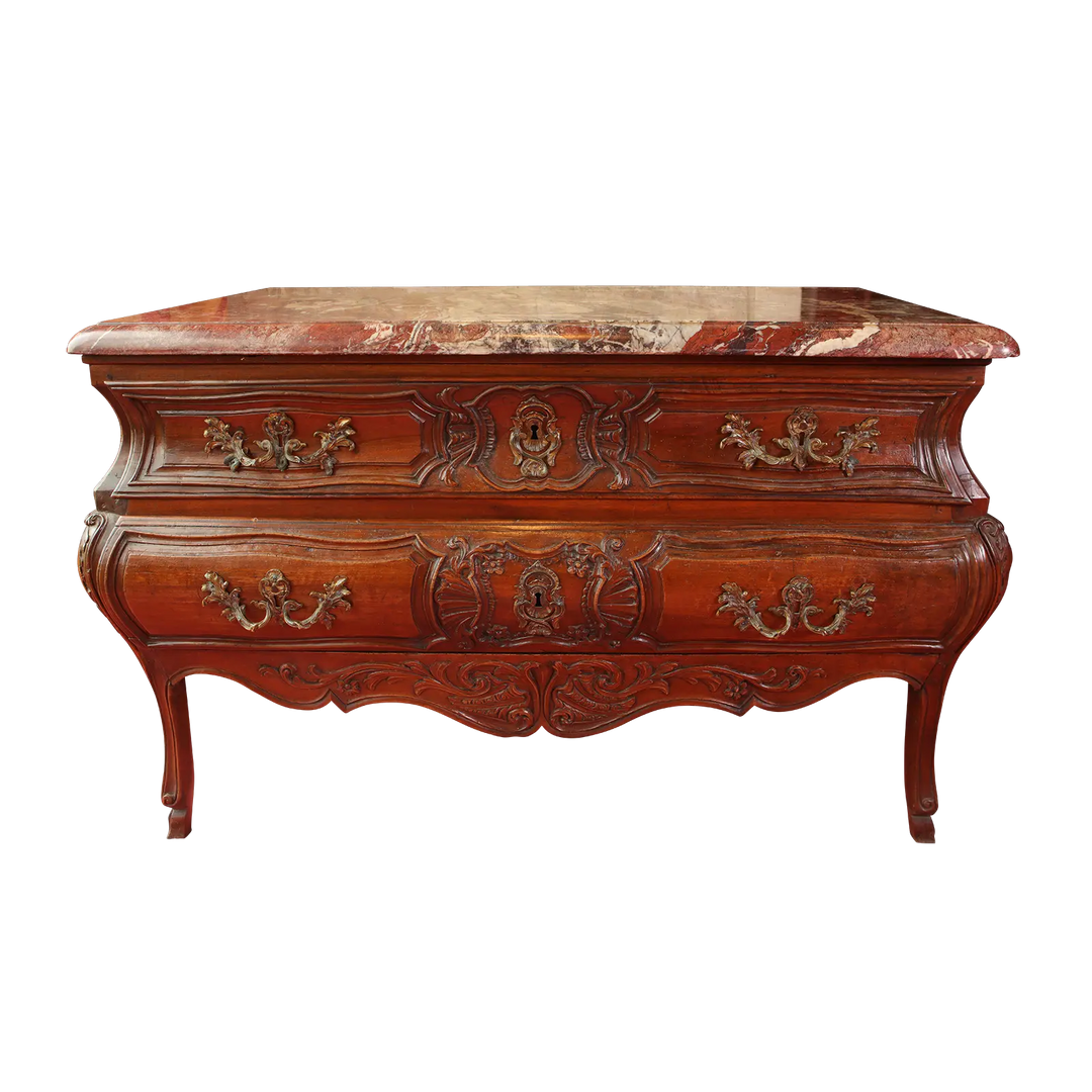 Louis XIV commode with bombe silhouette, marble top, and intricate carving by Collection NE10 in refined Baroque style
