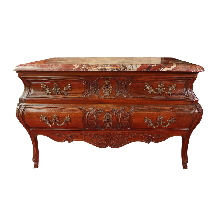 Louis XIV commode with bombe silhouette, marble top, and intricate carving by Collection NE10 in refined Baroque style