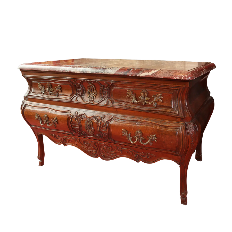 Louis XIV commode with marble top and ornate carvings by Collection NE10, showcasing 18th-century French craftsmanship