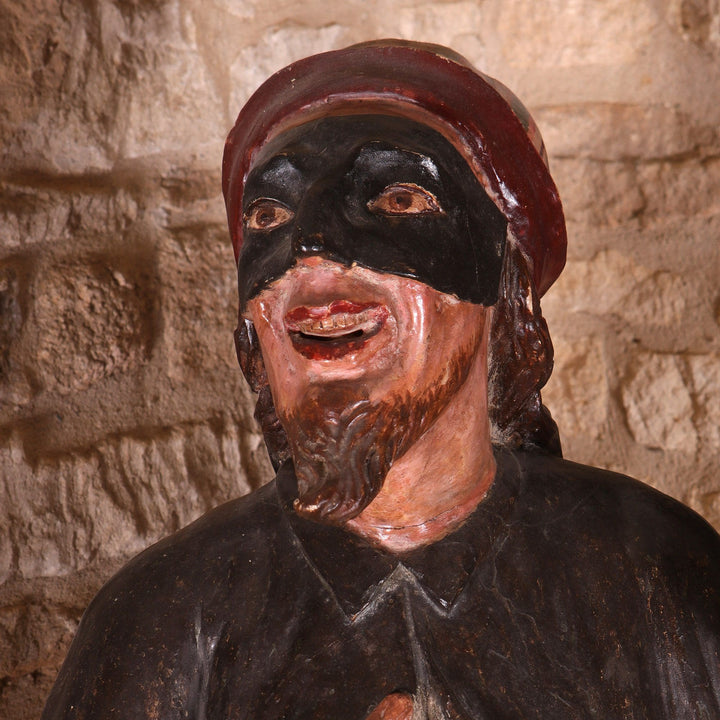 Baroque Venetian Court Figure in Polychrome & Silver Leaf, 17th-century Venetian masked figure with detailed facial expression.