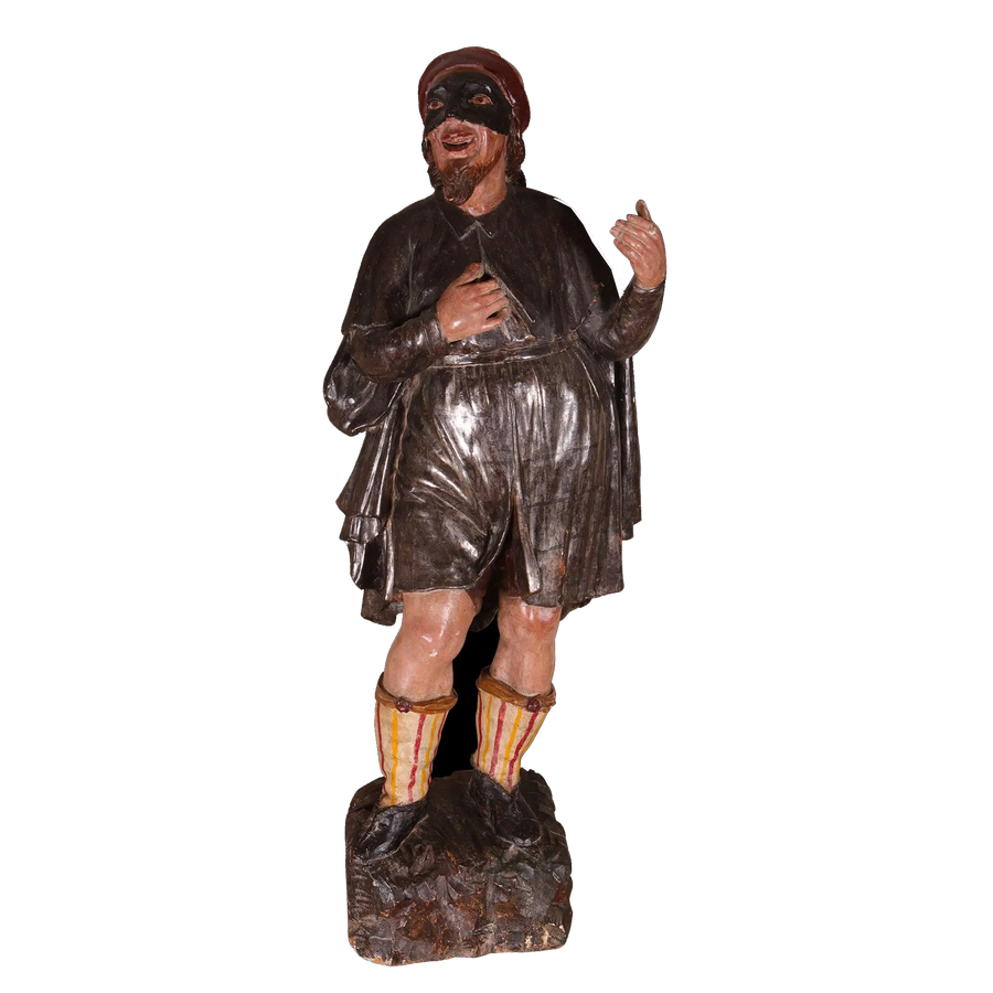 Baroque Venetian Court Figure in Polychrome & Silver Leaf, 17th-century Venetian statue with detailed attire and mask.