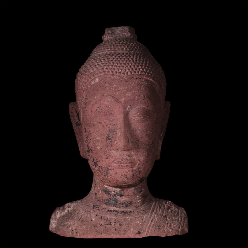 Ayutthayan Siamese red sandstone Buddha head sculpture with serene expression from Collection NE10
