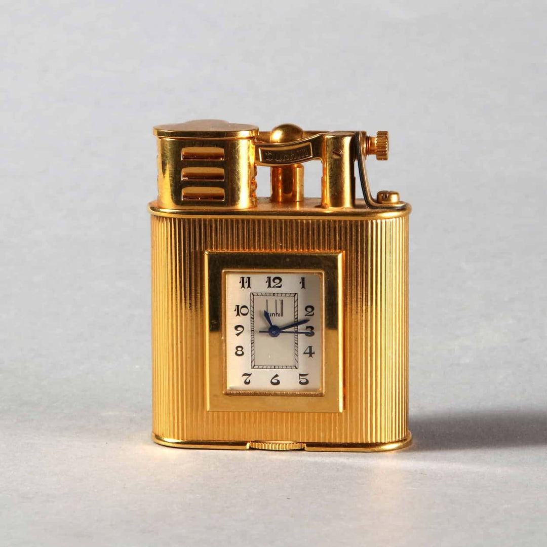Dunhill gold plated unique A Sports pocket lighter with clock by The Sold Archive in classic fluted design