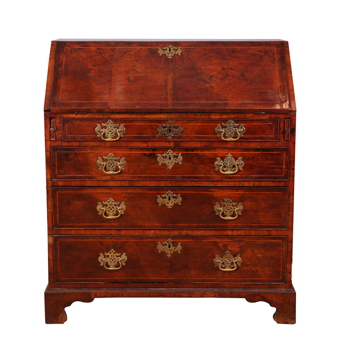 Early 18th Century Figured Walnut Bureau Cabinet with brass handles and escutcheons, English Georgian antique wood furniture.