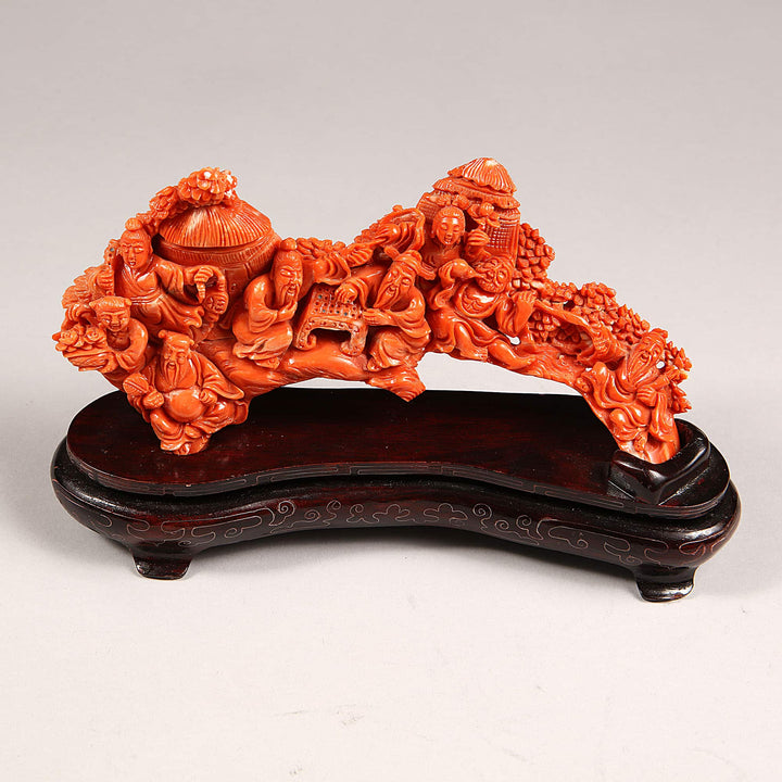 Fine 20th century Chinese precious coral carving depicting figures in leisure, offered by Nwtiques.