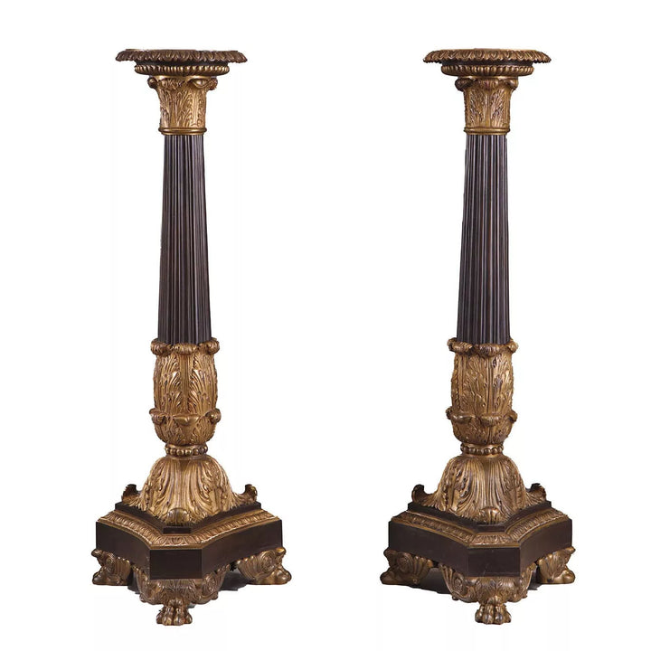 Bronze Empire Column Lamps pair with finely chased gilt bronze details, 19th century French design, 63 cm height.