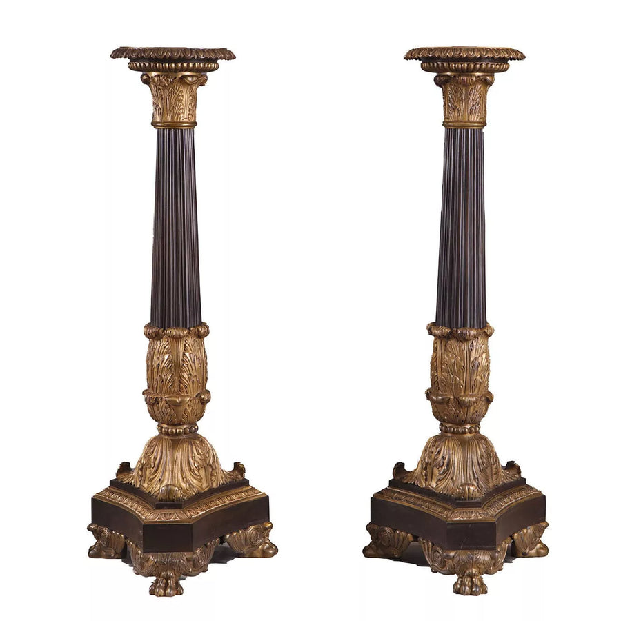 Bronze Empire Column Lamps pair with finely chased gilt bronze details, 19th century French design, 63 cm height.