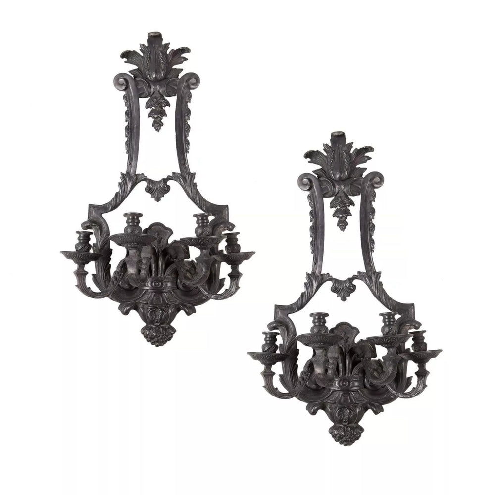 Set of two Louis XIV style bronze four light wall appliques from Collection TH10 with intricate baroque detailing