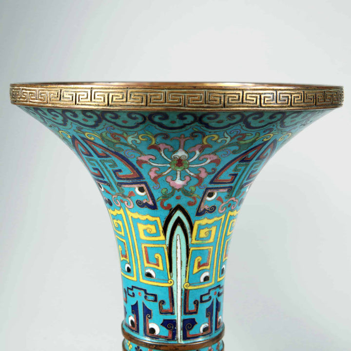 19th century Qing Dynasty blue cloisonne Gu vase with intricate floral patterns by Nwtiques