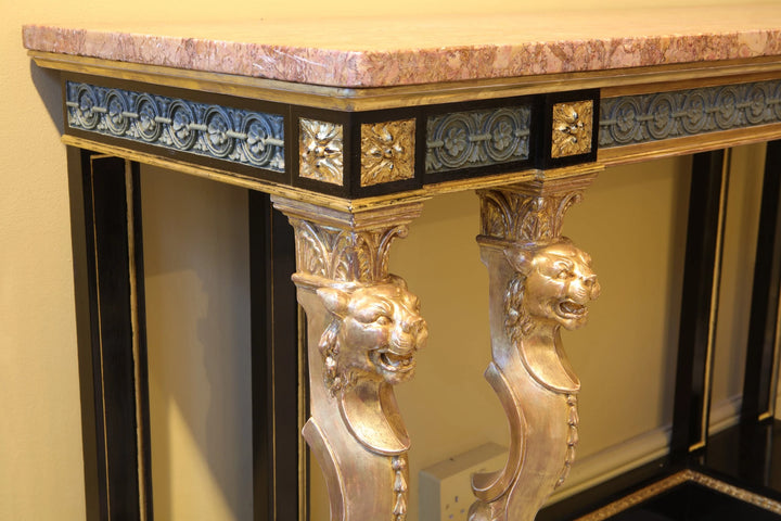 Mid 19th century giltwood and ebonised marble top console table by Holland Sons Collection CK40 with lion monopodia legs