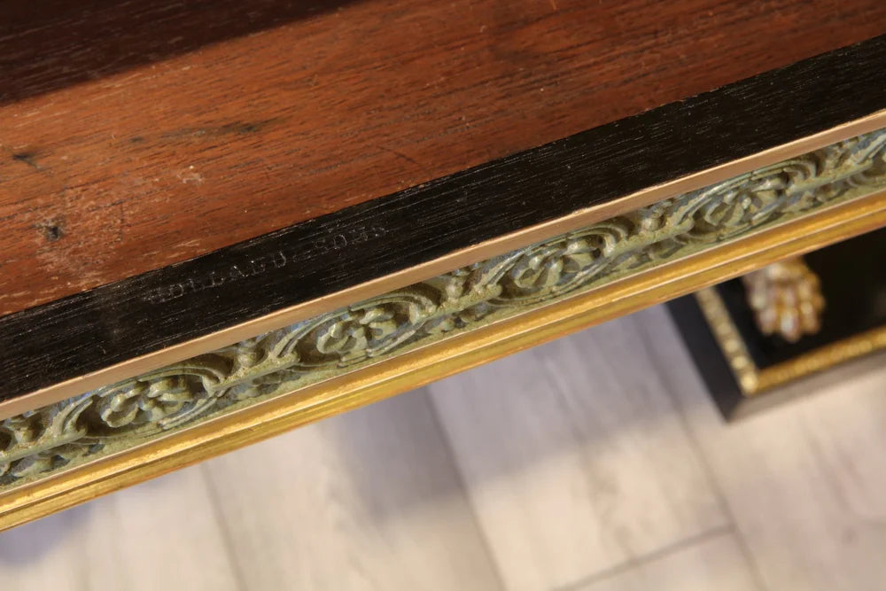 Close-up of frieze drawer stamp Holland & Sons on giltwood black mahogany marble top console table Collection CK40