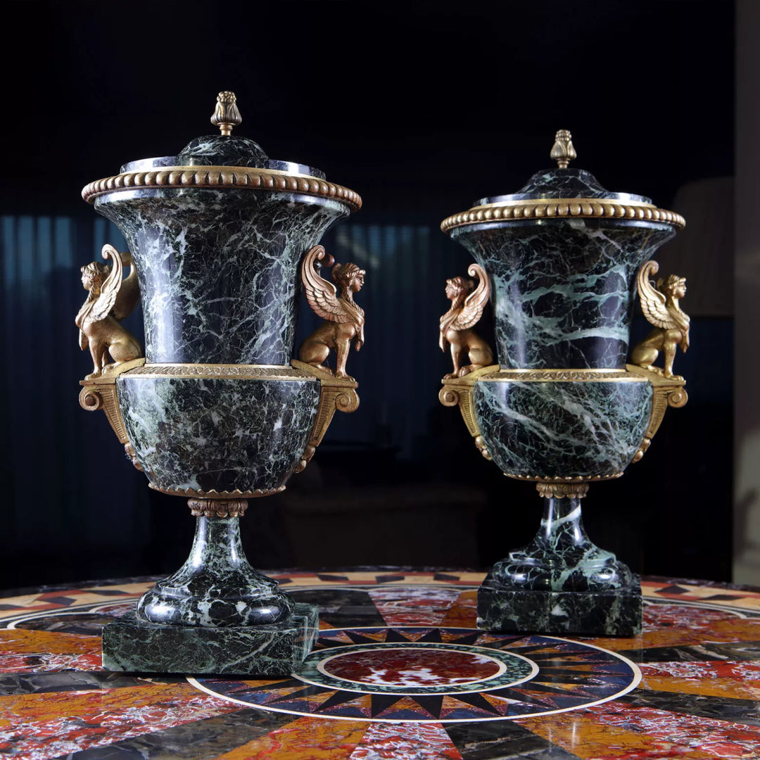Pair of green marble and ormolu urns with Egyptian sphinxes, classical design, from Collection CK20, circa 1880 Italy