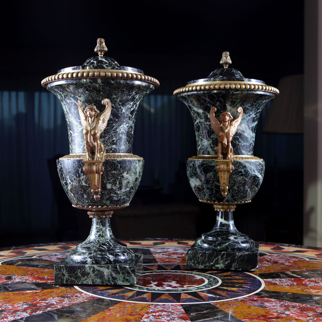 Pair of late 19th century green marble and ormolu urns with sphinx motifs by Collection CK20
