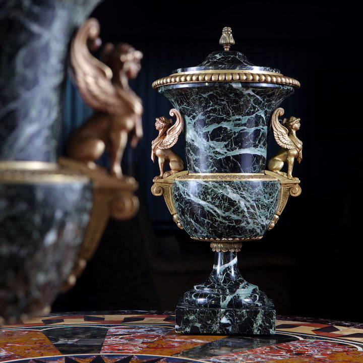 Pair of green marble and ormolu classical urns with sphinx motifs from Collection CK20, Italian circa 1880
