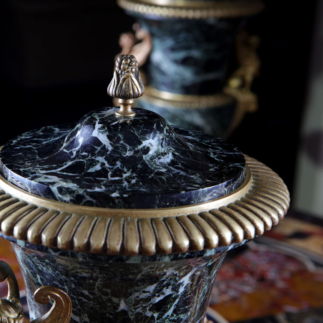 Close-up of green marble and ormolu lid detail on classical urn from Collection CK20, Italian craftsmanship circa 1880.